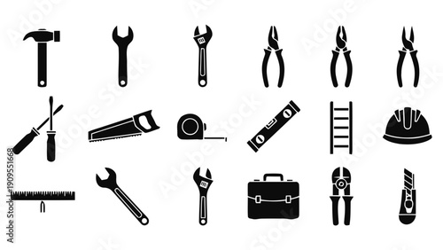 Vector illustration of collection of black silhouettes of construction and repair tools on a transparent background