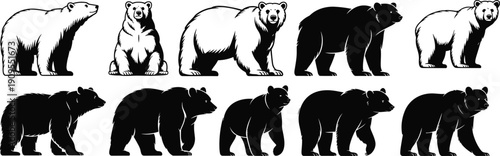 Bear silhouette vector bundle – wild grizzly bear clipart set for nature designs, forest wildlife graphics, animal illustration pack