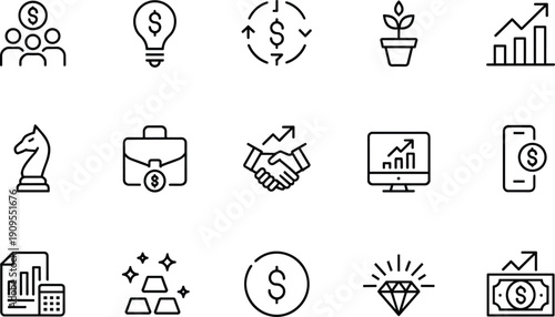 Linear vector icon set for business investment and financial success featuring money growth plants chess pieces gold bars diamonds handshakes and wealth management symbols