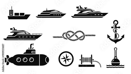 Vector illustration of nautical icons set ship, yacht, submarine, anchor, rope, compass on a transparent background