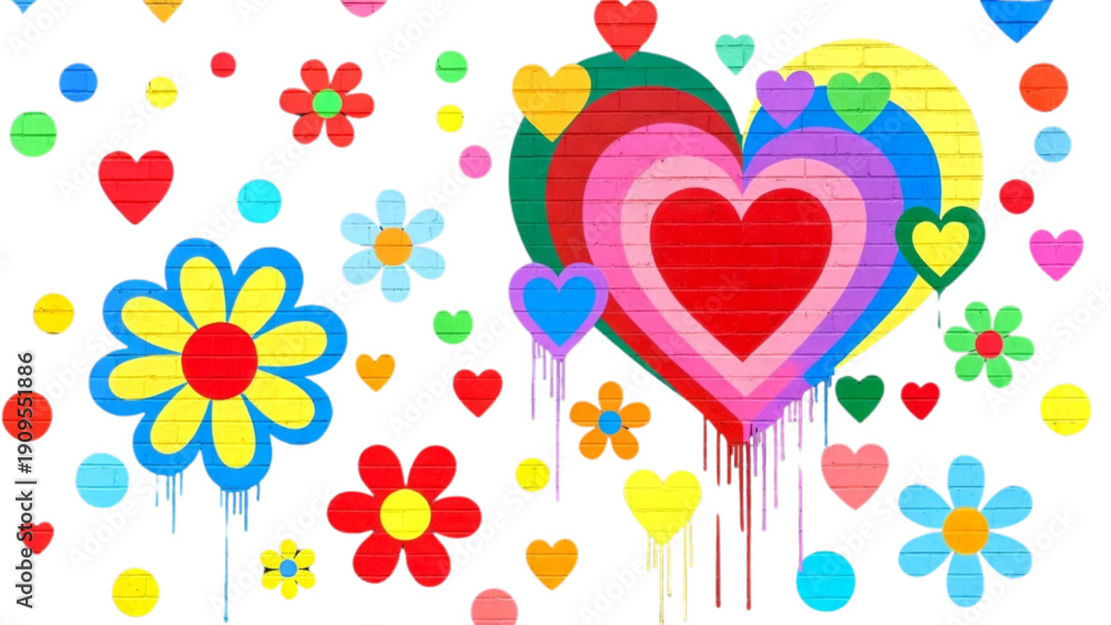Fototapeta premium Vibrant Rainbow Hearts and Flowers Pattern Cheerful Love Background for Kids Party Valentines Day Social Media Web Design
