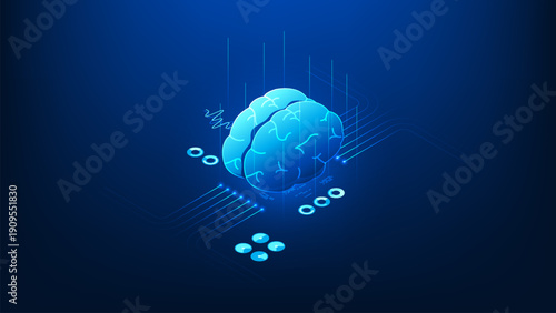 Deep learning technology background brain connected to artificial intelligence systems, with flowing data streams and digital network elements, AI intelligence, data processing, advanced computation.