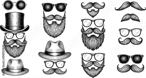 Vintage Gentleman Grooming Set with Hand Drawn Beard Styles, Mustaches, Classic Hats, and Eyeglasses Isolated on White