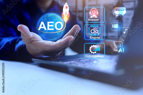 Foto answer engine optimization concept with a person launching rocket from hand repr