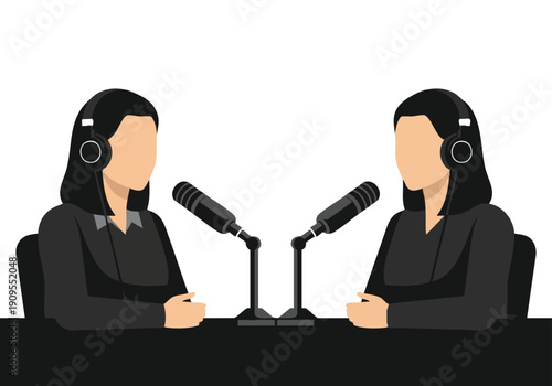 Two Women Podcast Recording. Interview Broadcast. Flat Illustration. Media Communication.