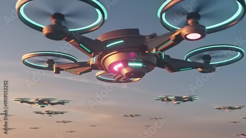 Drone Swarm Flying in Formation at Sunset.
