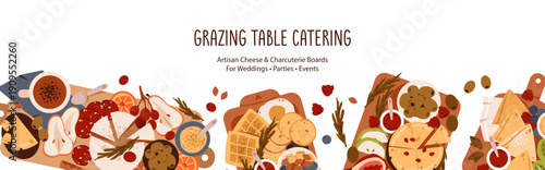 Grazing table catering banner. Gourmet charcuterie and artisan cheese boards designed for weddings, parties, and luxury events. Template with cheese, fruit, and appetizer board elements.