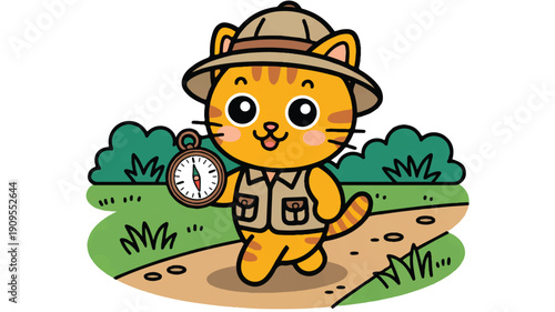 A cute cartoon illustration of an orange tabby cat explorer wearing a tan safari hat and vest with multiple pockets (1)_traced