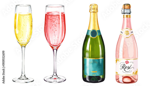 シャンパンとロゼスパークリングワインのボトルとグラス