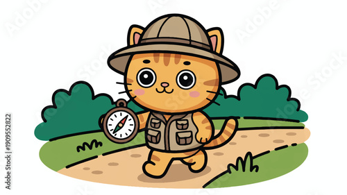 A cute cartoon illustration of an orange tabby cat explorer wearing a tan safari hat and vest with multiple pockets (2)_traced