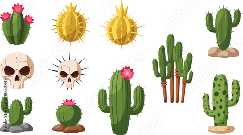 Desert Cactus and Skull Illustration Set with Prickly Pear Golden Barrel and Spiky Plants Vector Collection for Wild West Design