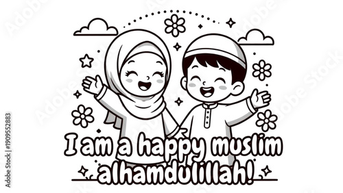 Happy Muslim Children Cartoon Line Art Coloring Page Joyful Kids Smiling Waving Islamic Education and Diversity
