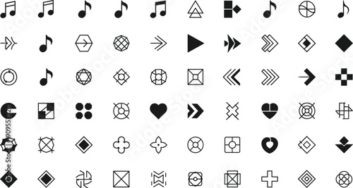 Minimal,black,white,icon,set,abstract,geometric,symbols,arrows,shapes,music,controls,ui,ux,vector,outline,modern,design,collection,pack