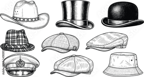 Set of Vintage Hand Drawn Hat Sketches Including Cowboy Hat, Top Hat, Bowler, and Captain Cap Isolated on White Background