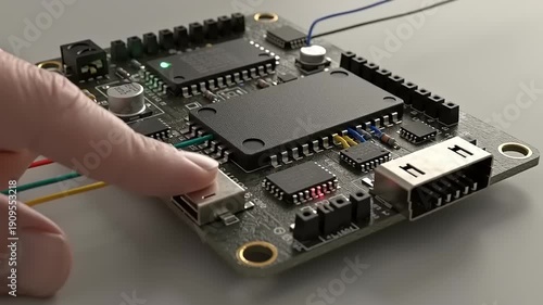 Electronic Circuit Board with Wires and Microchip.