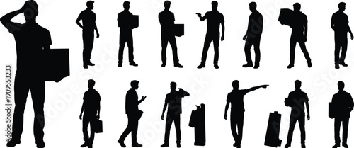 Business people carrying boxes silhouettes set, moving office workers illustration isolated black vector clipart collection for relocation logistics concept
