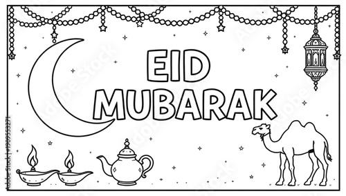 Eid Mubarak Coloring Page for Kids Celebrating Islamic Holiday Festive Moon Lantern Camel Line Art Activity