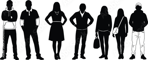 Diverse collection of casual people silhouettes wearing hoodies and sweaters, group of young adults standing on isolated white background.