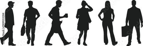 Business people silhouettes walking and standing, office workers carrying briefcase and coffee, professional men and women isolated on white background