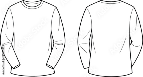 Black and white line drawing long sleeve shirt front and back view, blank apparel template, fashion garment sketch for clothing design mockup