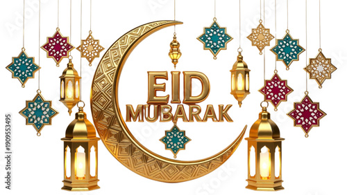Golden Eid Mubarak Crescent Moon Lanterns Festive Celebration Background for Islamic Holidays and Greetings