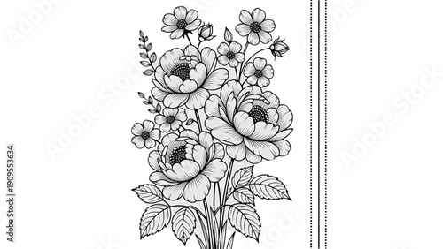 Elegant Floral Bouquet Line Art for Coloring Book Design and Spring Wedding Invitations Hand Drawn Botanical Illustration