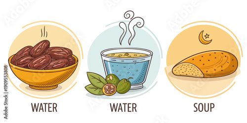 Ramadan food icon set featuring dates, water, soup, and bread in a flat vector style, ideal for illustrating meals during the holy month of fasting.