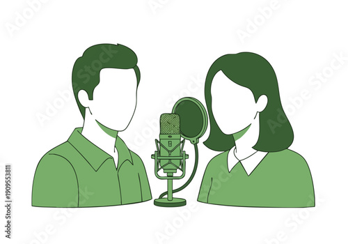 Podcast Hosts Illustration. People Broadcasting. Flat Design Style. Green Vector Art. Audio Communication.