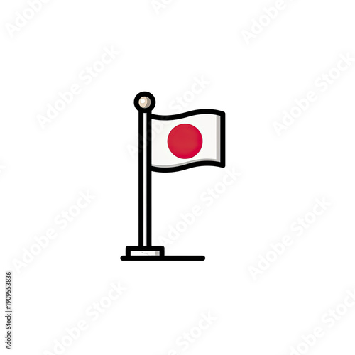 A digitally created flag of a nation, featuring a red disc on a white field, waving atop a pole