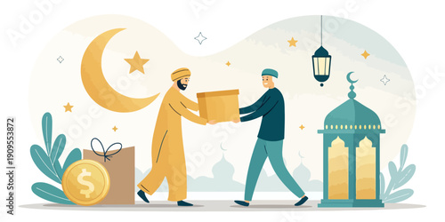 Ramadan charity and Zakat concept depicted as flat vector illustration with hands giving coins and symbols of generosity, promoting giving and compassion.