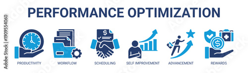 Performance Optimization web banner icon vector illustration concept with icons of productivity, workflow, scheduling, self improvement, advancement, and rewards.