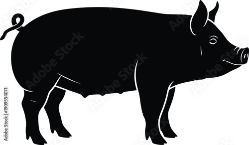 Pig silhouette illustration, farm livestock animal standing side view, agriculture pork meat vector design