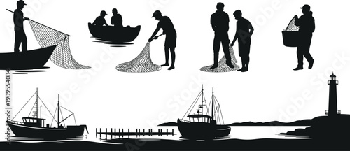 Fishing, boat, silhouette, set, fisherman, net, lighthouse, sea, ocean, commercial, industry, ship, harbor, vessel, coast, water, vector, icon, collection, black,