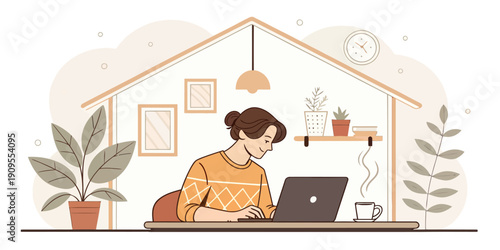 Remote work lifestyle illustrated in a modern flat vector style, showing a person comfortably working from home with laptop and coffee.