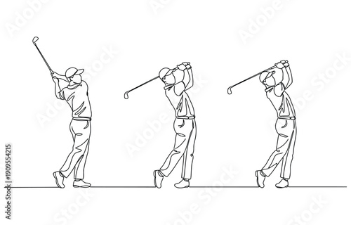 Golfer making swing motion on golf course. Vector illustration. Practice to make hole in one hit technique. Modern continuous line draw