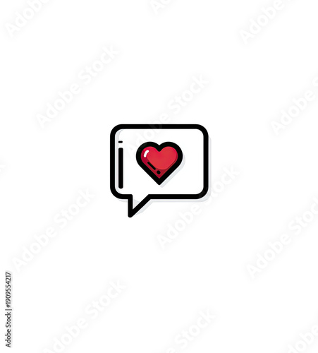 Graphic of a red heart within a white speech bubble with a drop shadow, against black