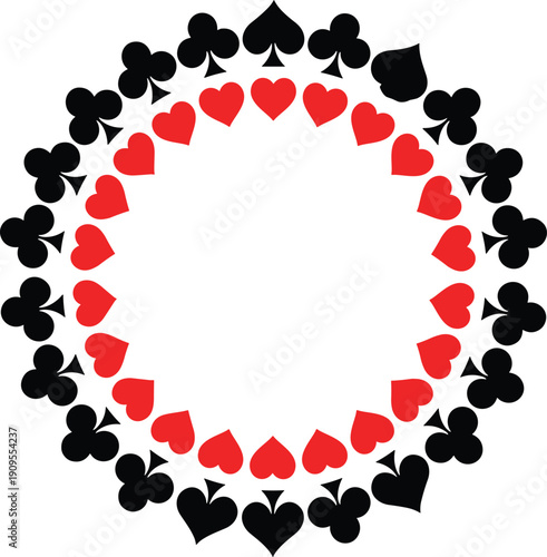 Playing card suits frame, hearts spades clubs symbols circle, poker casino design vector
