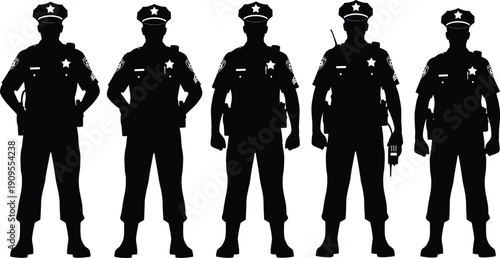 Police officer silhouette set, law enforcement security guards standing poses, public safety uniform vector illustration