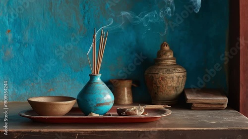 Traditional pottery with incense sticks on wooden table with blue wall  