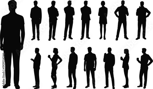 Business professionals silhouettes set, corporate people standing using smartphone illustration isolated black vector clipart collection for office presentation design