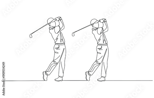 Golfer making swing motion on golf course. Vector illustration. Practice to make hole in one hit technique. Modern continuous line draw