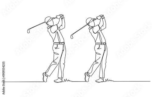 Golfer making swing motion on golf course. Vector illustration. Practice to make hole in one hit technique. Modern continuous line draw