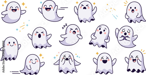 Cute ghost character emoji set with different emotions for halloween sticker pack