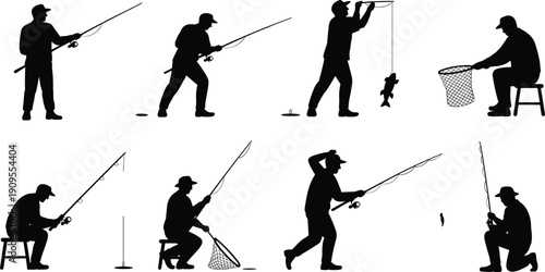 Fishing, silhouette, set, fisherman, icon, vector, collection, angling, ice, outdoor, hobby, sport, man, rod, net, water, leisure, nature, isolated, black,