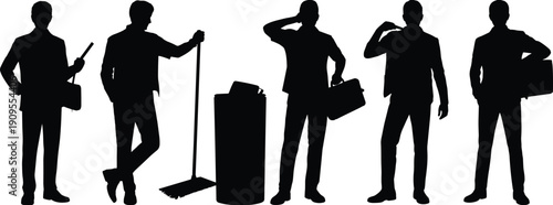 Business travelers silhouettes set, professionals with briefcase and luggage waiting, talking on phone, airport travel lifestyle isolated on white background