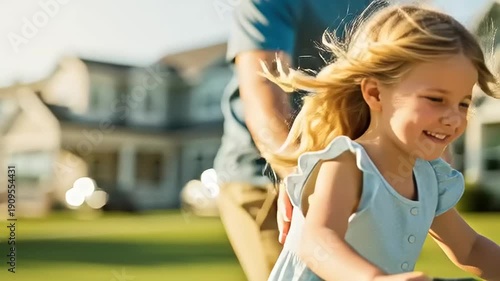 Father teaching daughter to ride bicycle outdoors.