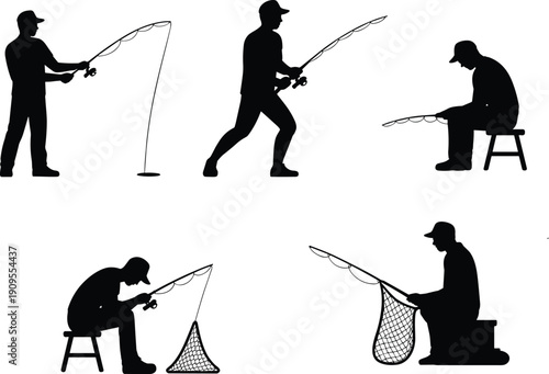 Fishing man silhouettes set, anglers casting reeling sitting landing fish, black fisherman poses collection, isolated outdoor sport vector illustration