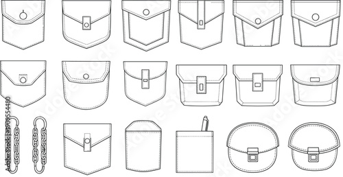 Technical Vector Set of Garment Pocket Templates and Utility Details for Fashion Design and Tech Packs Isolated on White