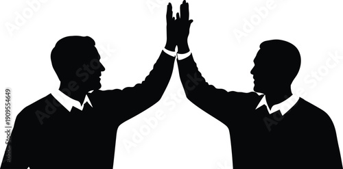 Businessmen high five silhouette, success teamwork partnership concept, corporate collaboration illustration isolated black vector clipart design
