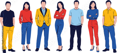 Flat vector illustration of a diverse group of men and women in casual and formal outfits, standing group of people in colorful fashion.